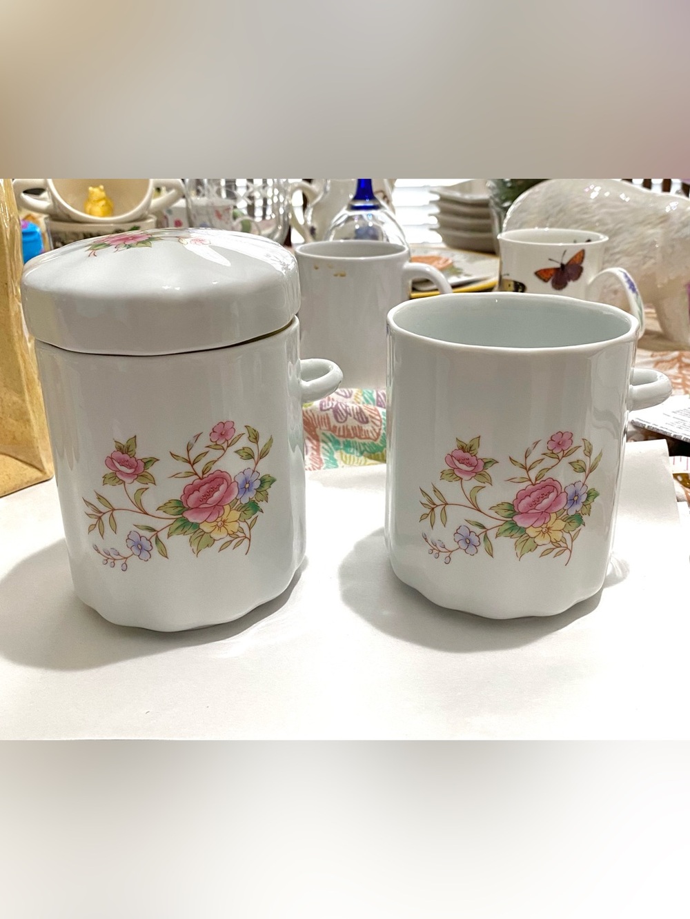 1980s FTD Canister w/Lid &Matching Jar. Flowers on white porcelainMade in Taiwan